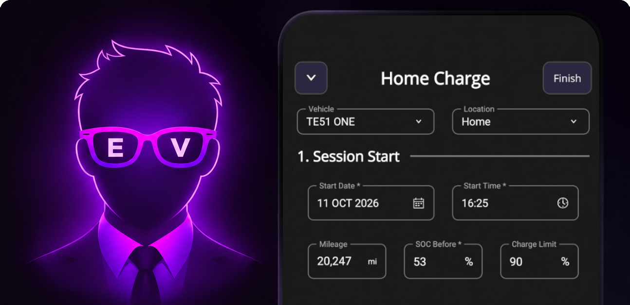 Purple Ev Nerd character beside a preview of the home charging form.